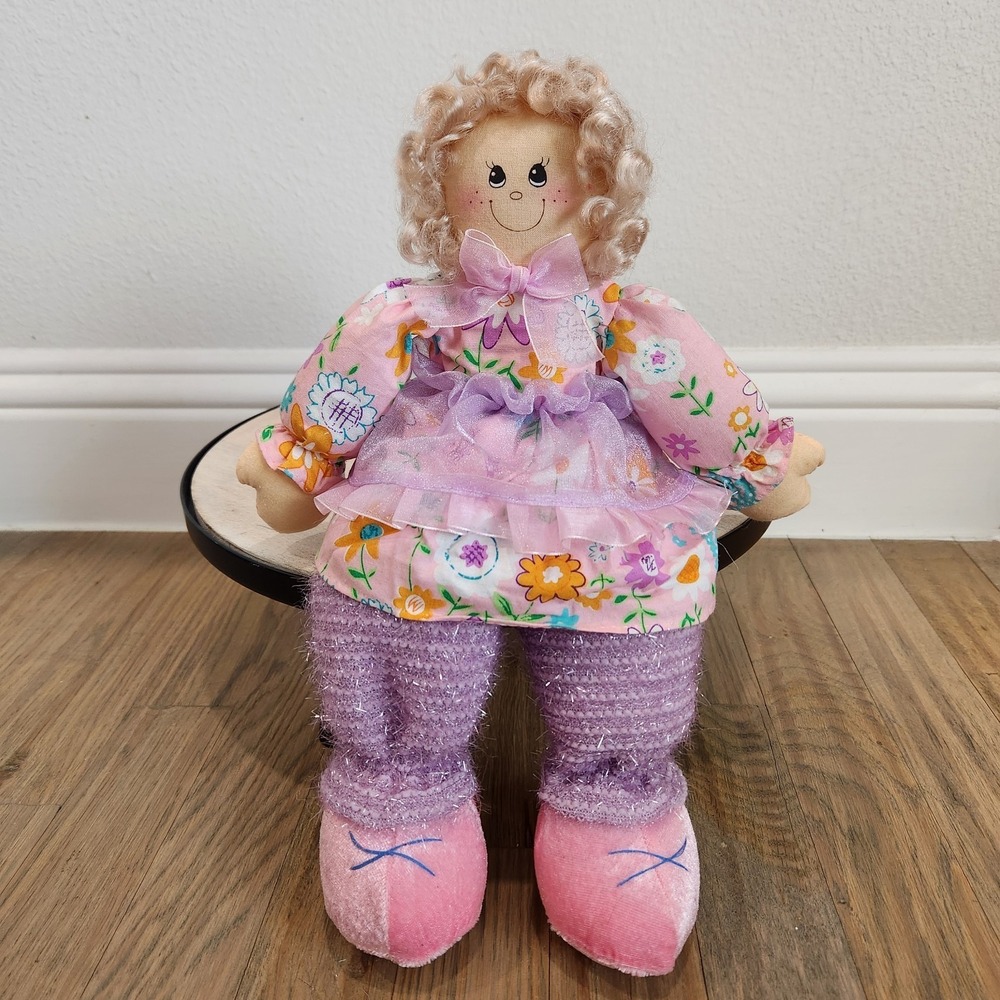 VTG‎ Prima Creations Soft Sculpture Shelf Sitter Doll Pink Floral Sparkle Spring